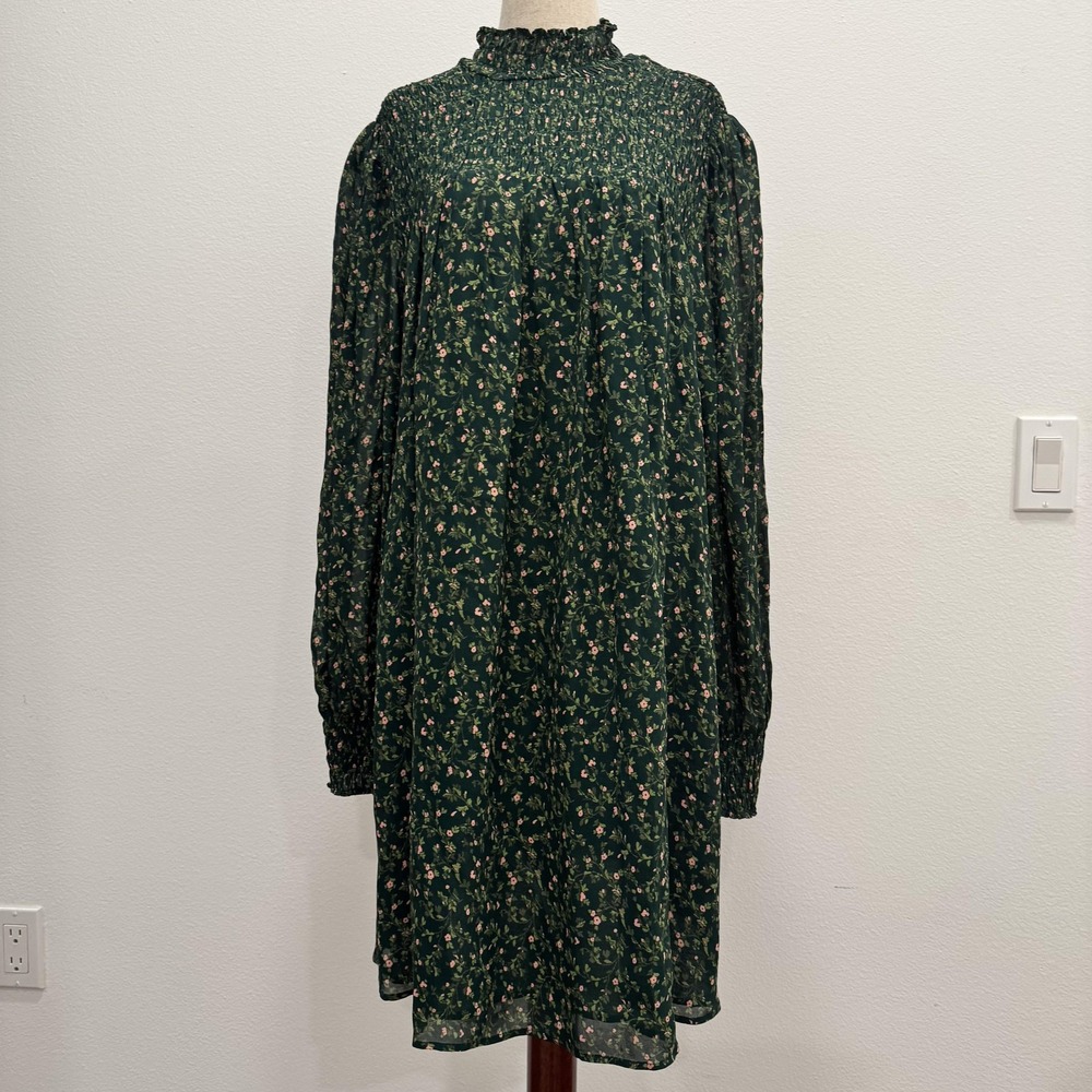 Reformation Brandi Mock Neck Dress Women's 1X Green Floral Smocked‎ Long Sleeve